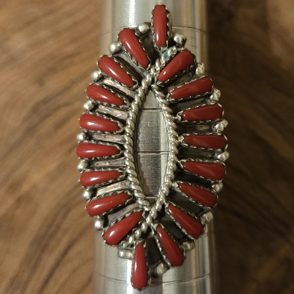 Navajo red coral cluster ring size 10 sterling silver - Picture 2 of 8